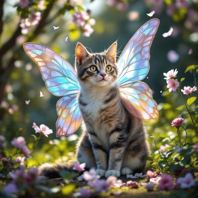 The primary subject of the image is a cat with a butterfly wing costume on, sitting in a flower-filled field. The setting is a beautiful, colorful environment with pink flowers surrounding the cat. The visual style of the image is a combination of photo and digital art, creating a whimsical and playful atmosphere. The dominant colors in the image are pink and yellow, which contribute to the overall mood of the scene.